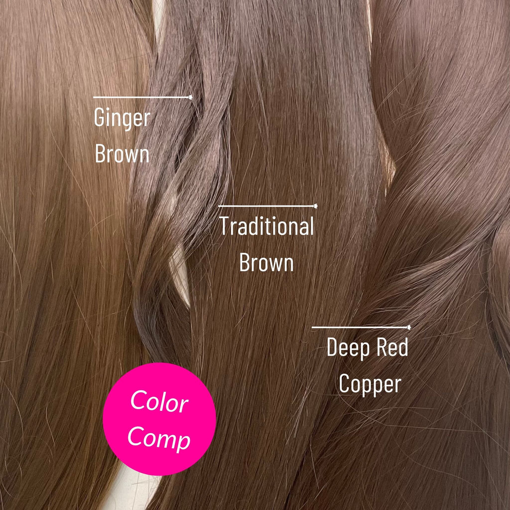 Ponytail extension/hair extensions are laid on neutral background in three different colors to compare different brown hair extension colors.