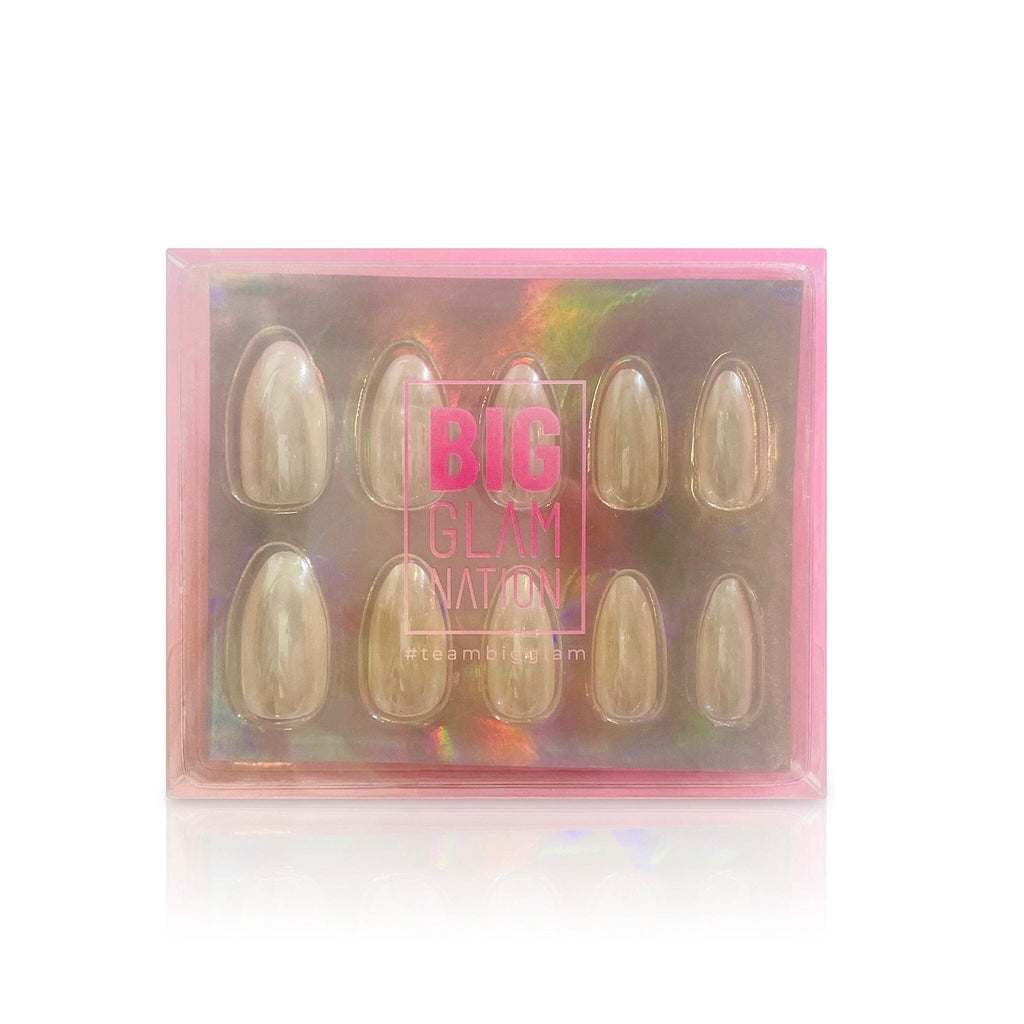 Press On Nails in Big Glam Nation Almond Pearls shown in BGN packaging. 