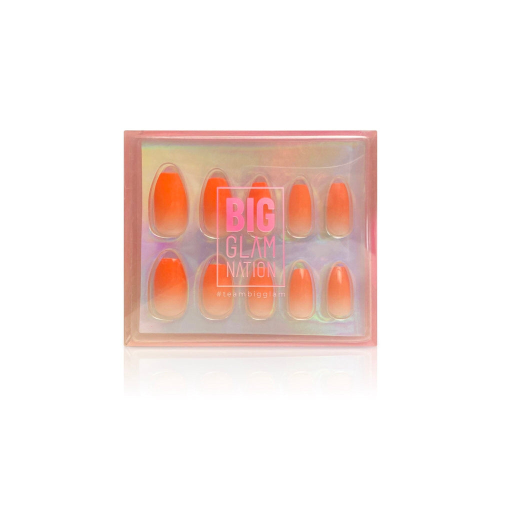 Press on nails in Big Glam Nation Blood Orange Ombres shown in their branded packaging against white background.