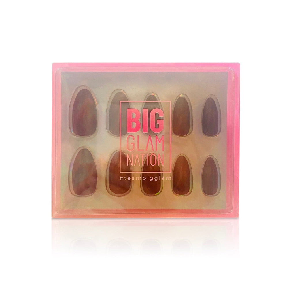 Press on nails in Big Glam Nation's Deep Chocolate shown in branded packaging.