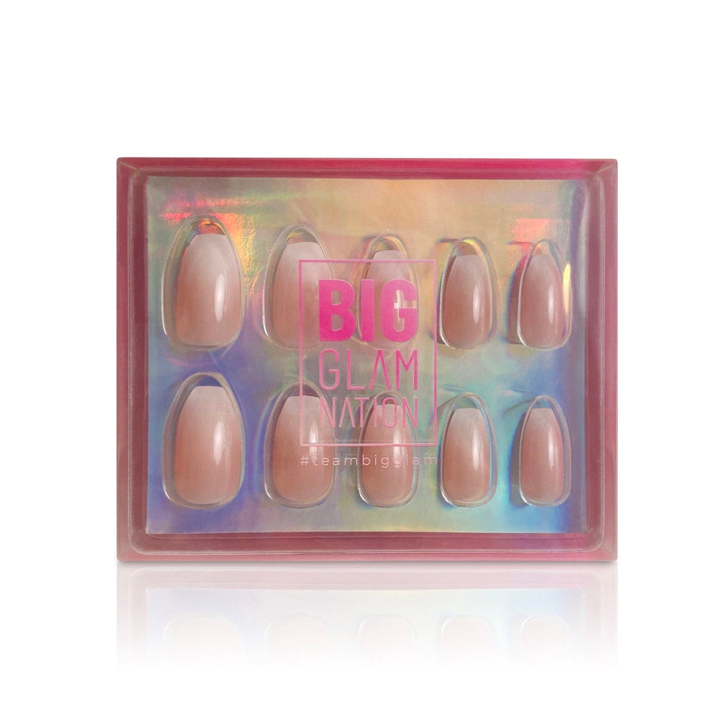 Press on nails in Big Glam Nation's Peachy Nudes shown in their branded packaging.