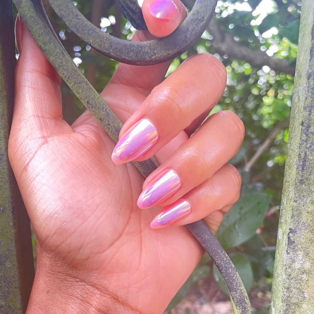 Pink Chrome False Nails | Big Glam Nation | On Brown-Skinned Model 