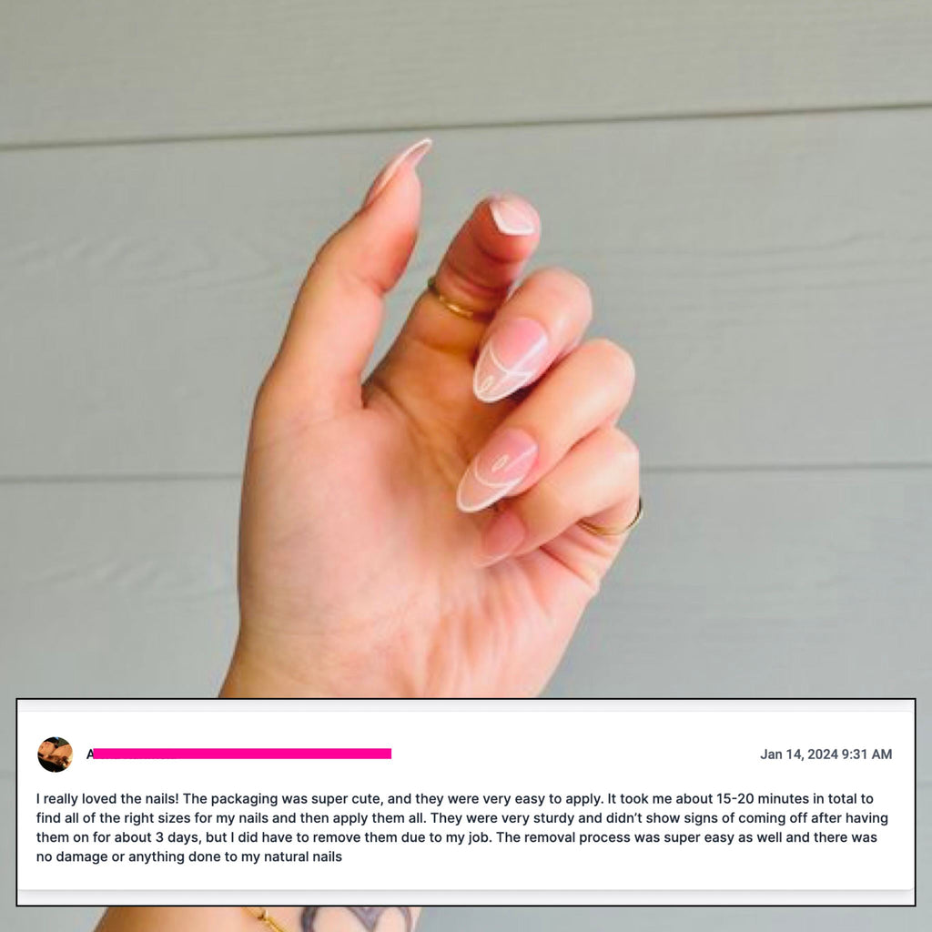 Press on nails with great review in Big Glam Nation's Skinny French worn by fair skinned model against neutral background.