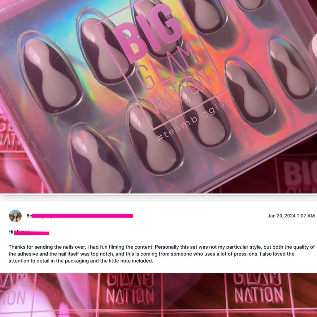 Press on nails packaging photo with positive review. 