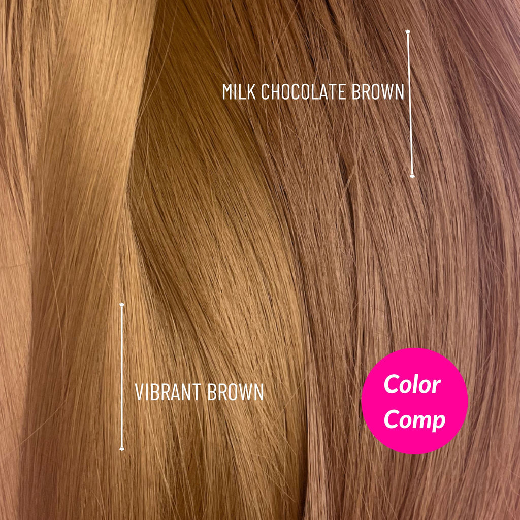 Side by side comparison of Big Glam Nation 21 inch extension colors in Vibrant Brown and Milk Chocolate Brown.