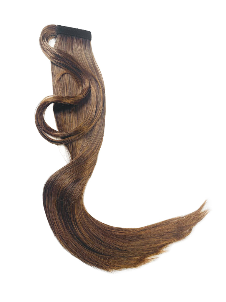 The Big Glam Nation Sleek Ponytail is laid flat against a white background in the color Black on Brown. Length and shine of the extensions are highlighted.