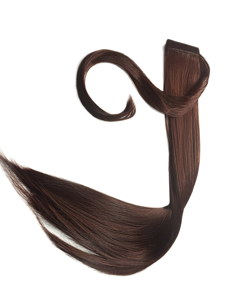 The Big Glam Nation Sleek Ponytail is laid flat against a white background in the color Black on Deep Maroon. Length and shine of the extensions are highlighted.